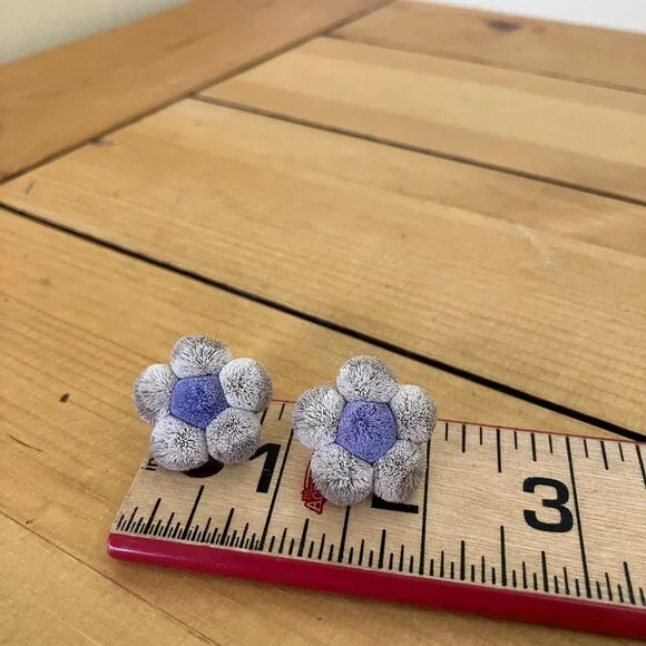 Indigenous Hand Crafted Moose Hair Tufted Gray and Purple Pom Flower Earrings - Picture 2 of 6